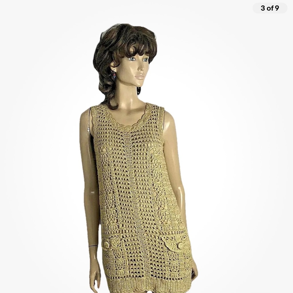 Diane Von Furstenberg Zacharie golden-beige crochet knit sleeveless mini dress S